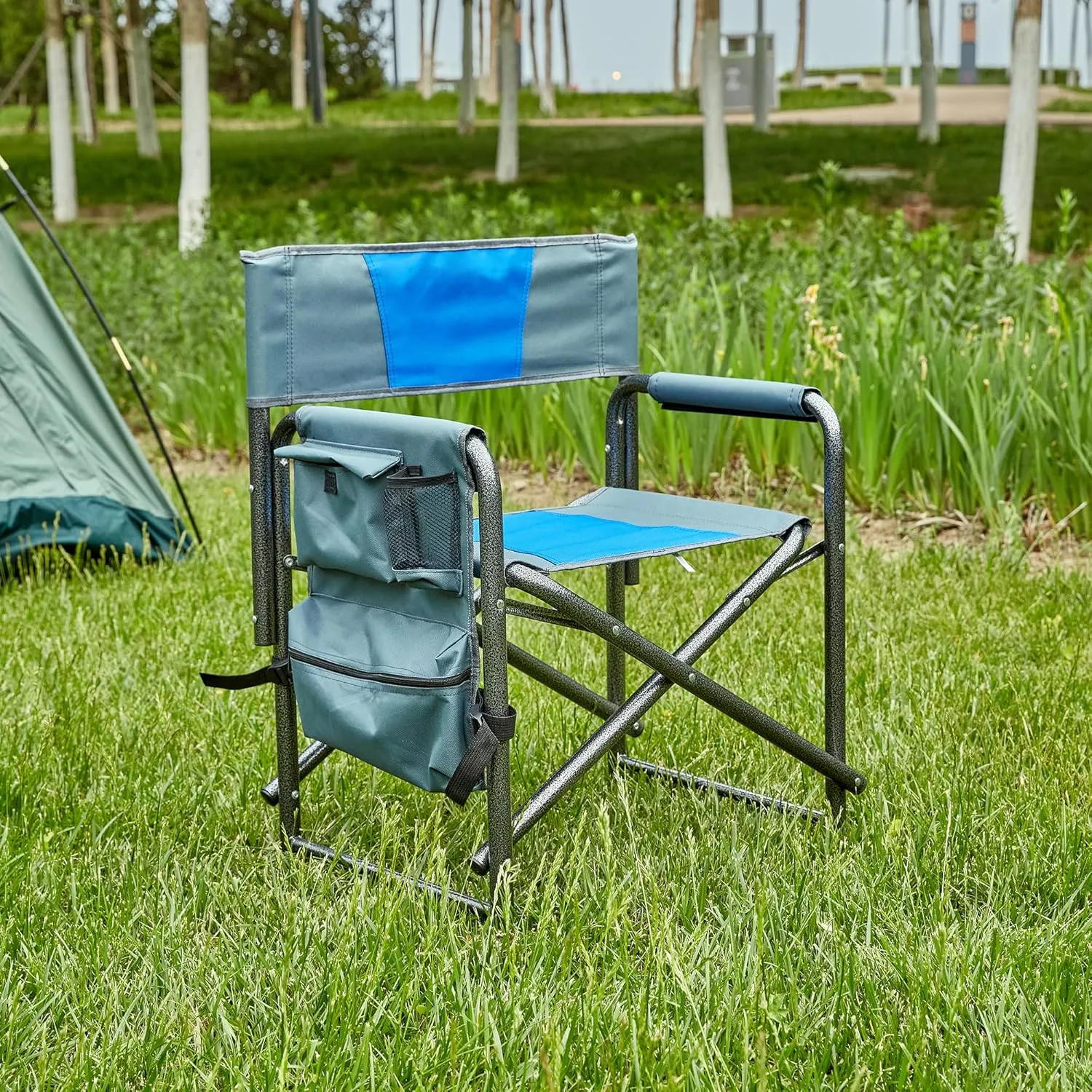 1-Piece Padded Folding Outdoor Chairs with Storage Pockets, Portable Outdoor Camping Chair, Lightweight Oversized Directors Chair for Picnics and Fishing, Blue and Grey