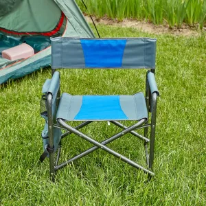 1-Piece Padded Folding Outdoor Chairs with Storage Pockets, Portable Outdoor Camping Chair, Lightweight Oversized Directors Chair for Picnics and Fishing, Blue and Grey