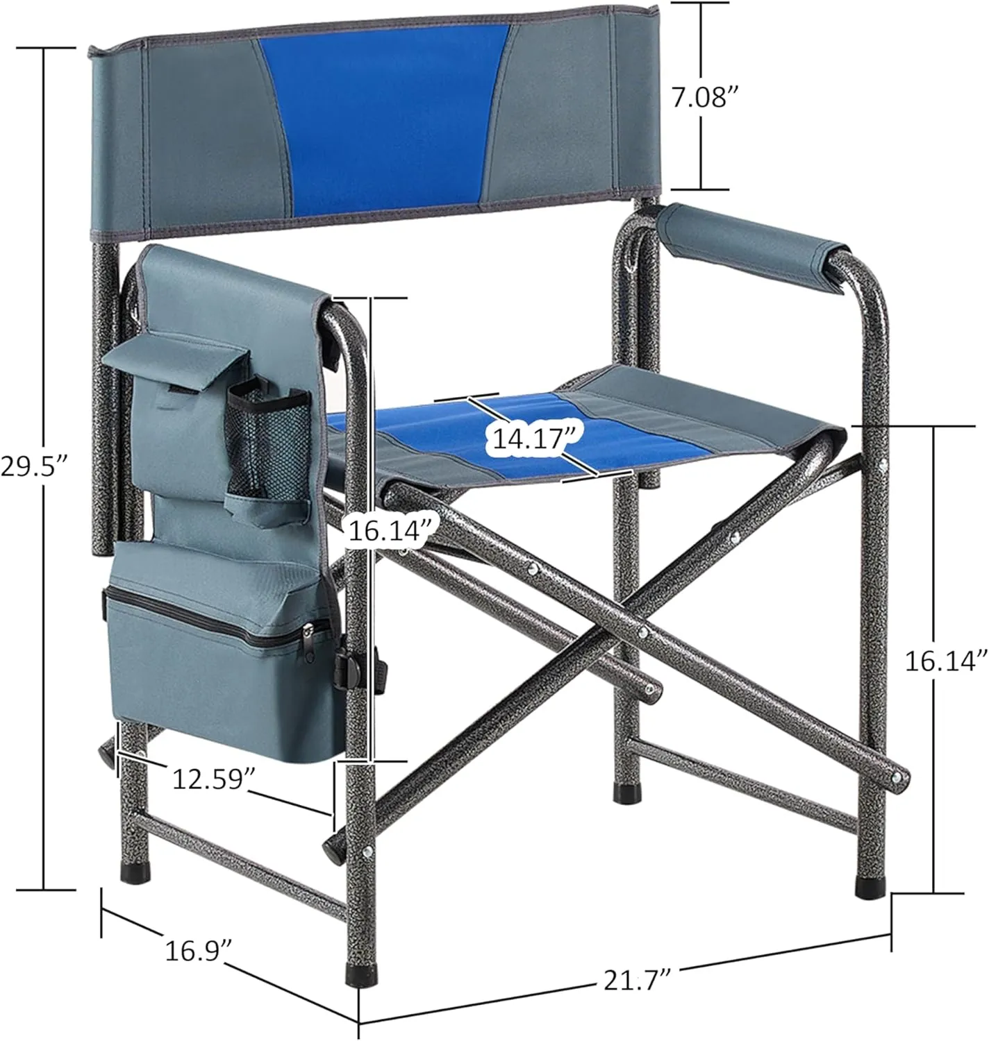 1-Piece Padded Folding Outdoor Chairs with Storage Pockets, Portable Outdoor Camping Chair, Lightweight Oversized Directors Chair for Picnics and Fishing, Blue and Grey