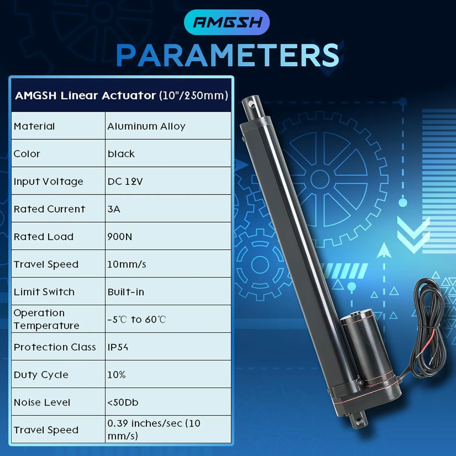 10“ / 250 mm 12V Linear Actuator - Low Speed Heavy Duty Motor with Mounting Brackets, 900N(202lbs) Max Load - Ideal for Auto, RV, Electric Door Opener, Industrial Machinery - 10mm/s, IP54 Rated