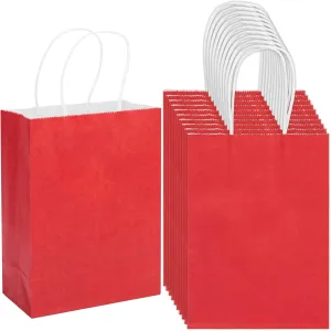 100 Pack Small Red Gift Bags, Kraft with Handles - Bulk for Birthday Party Favors