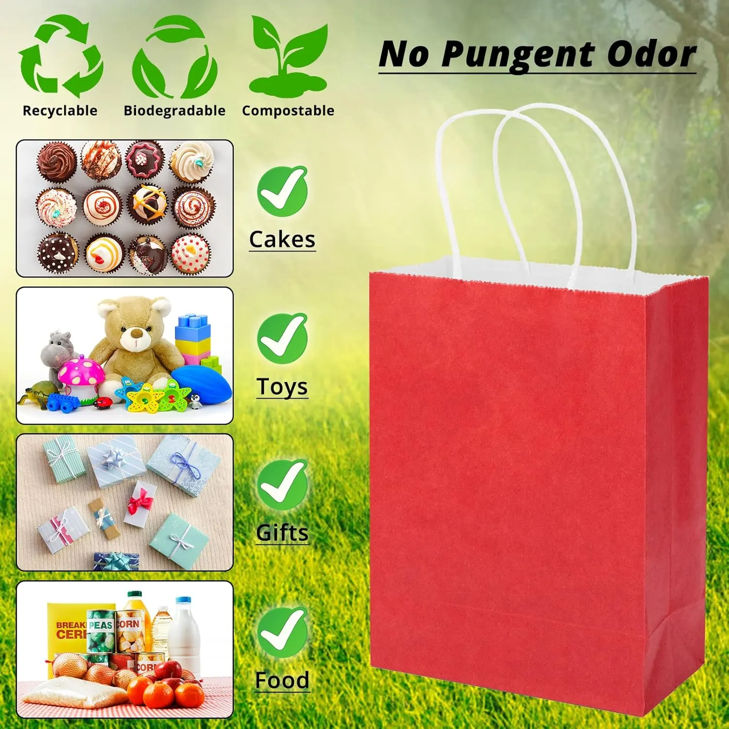 100 Pack Small Red Gift Bags, Kraft with Handles - Bulk for Birthday Party Favors