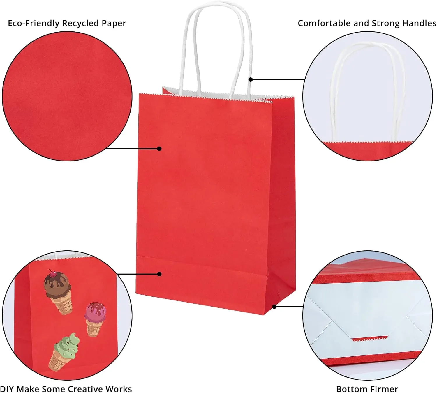 100 Pack Small Red Gift Bags, Kraft with Handles - Bulk for Birthday Party Favors
