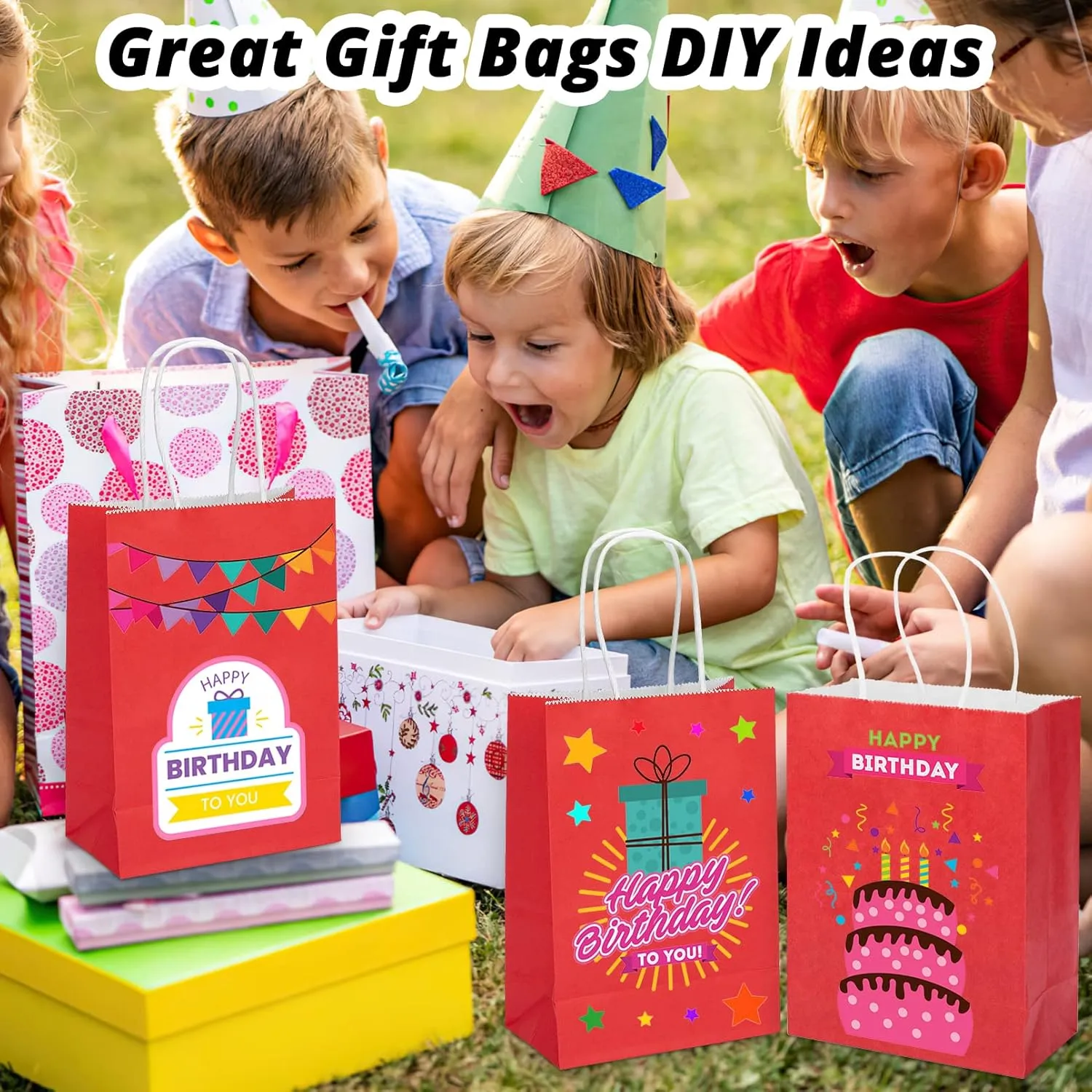 100 Pack Small Red Gift Bags, Kraft with Handles - Bulk for Birthday Party Favors