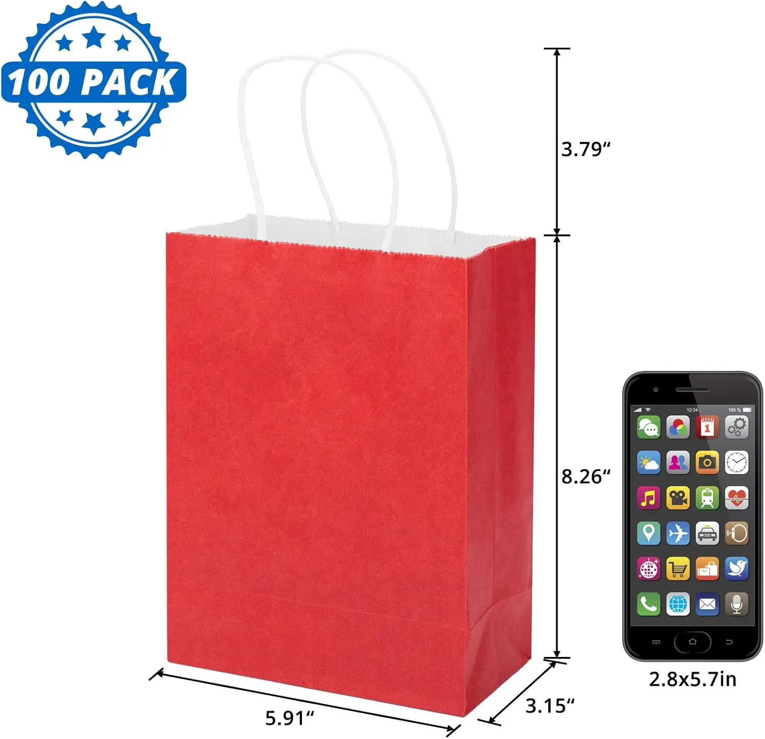 100 Pack Small Red Gift Bags, Kraft with Handles - Bulk for Birthday Party Favors