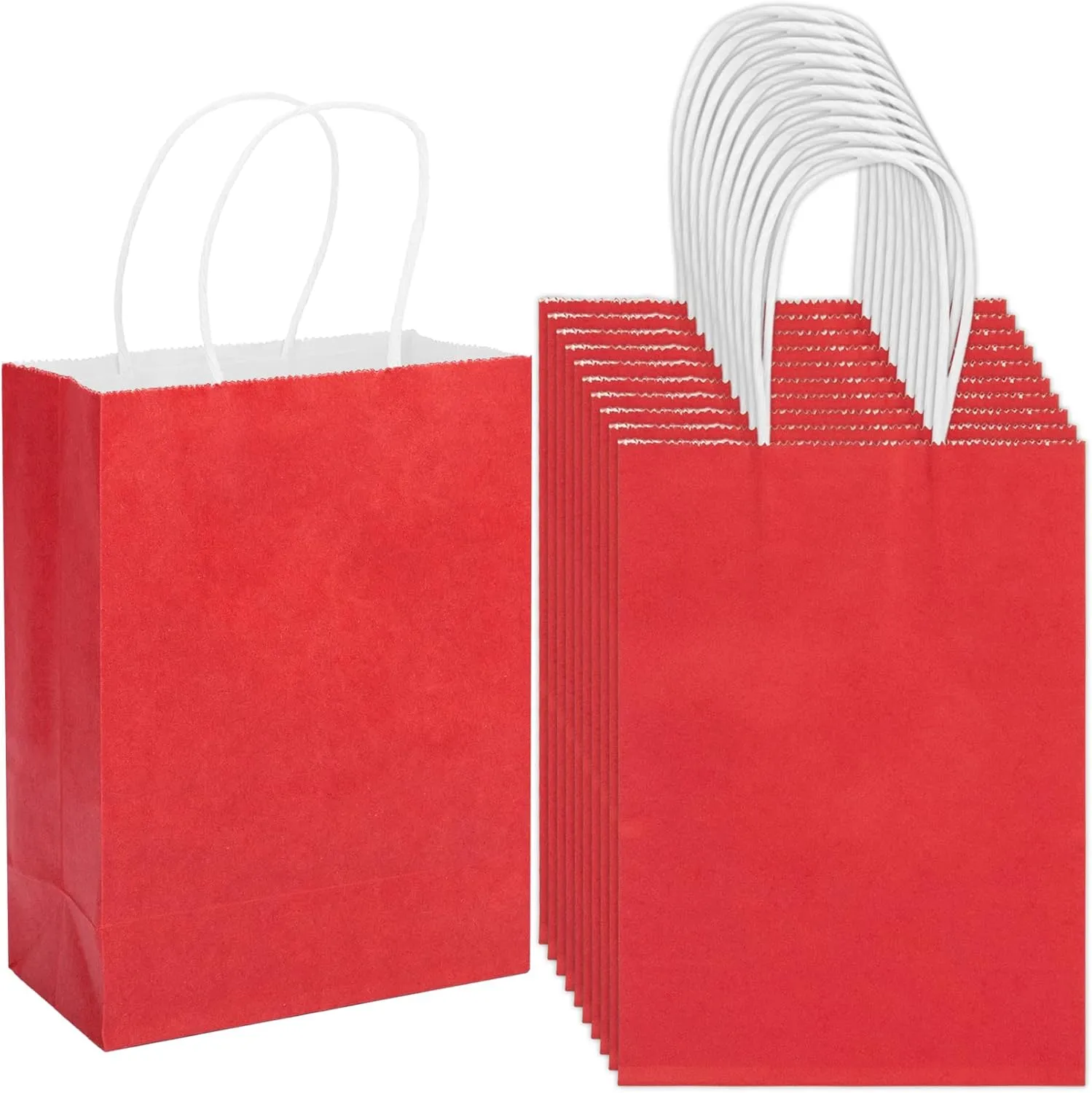100 Pack Small Red Gift Bags, Kraft with Handles - Bulk for Birthday Party Favors