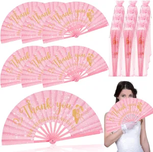 12 Sets Large Wedding Glitter Foldable Fans Bulk Wedding Festival Handheld Fans with Organza Bag Thanks for Celebrating with Us Favors for Guests Bridal Shower Wedding Dancing Party(Pink)
