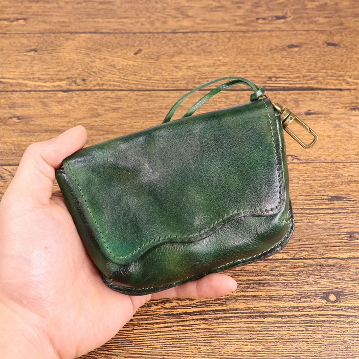 1PCS Leather Change Purse Key Coin Purse in Cowhide Leather Genuine Leather Wallet Coin Purse for Men and Women (Green)