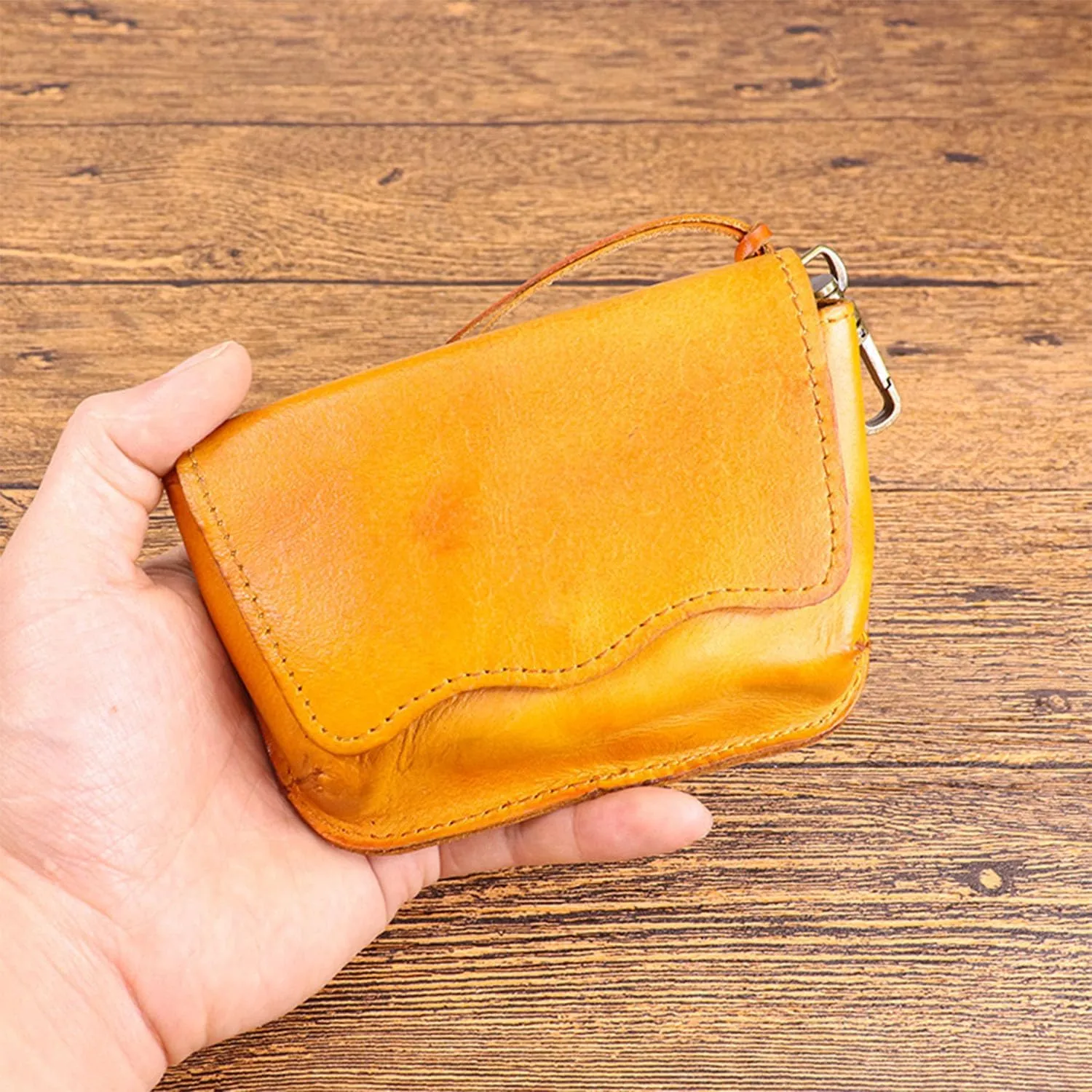1PCS Leather Change Purse Key Coin Purse in Cowhide Leather Genuine Leather Wallet Coin Purse for Men and Women (Yellow)