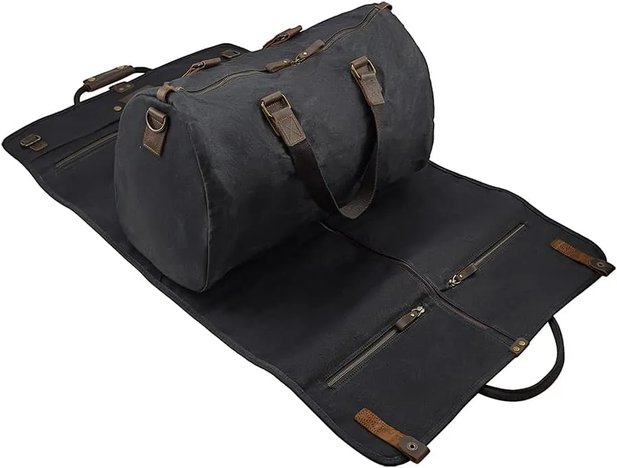2 in 1 Waxed/Canvas Leather Suit Luggage Garment Bag with Shoulder Strap for Travel and Business Trips (Black)