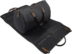 2 in 1 Waxed/Canvas Leather Suit Luggage Garment Bag with Shoulder Strap for Travel and Business Trips (Black)