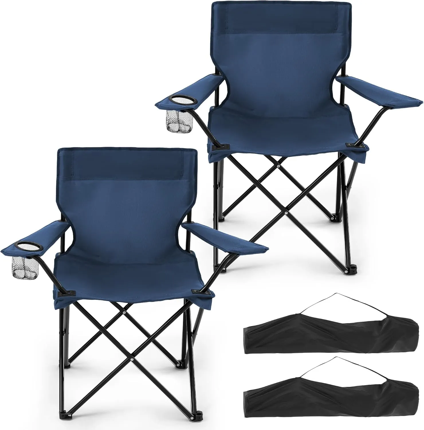 2 Pack Folding Camping Chairs for Adults,Foldable Portable Beach Chairs with Carry Bag & Cup Holder, Compact Design for Camping,Beach, Picnics,and Fishing Supports 300LBS (Navy)