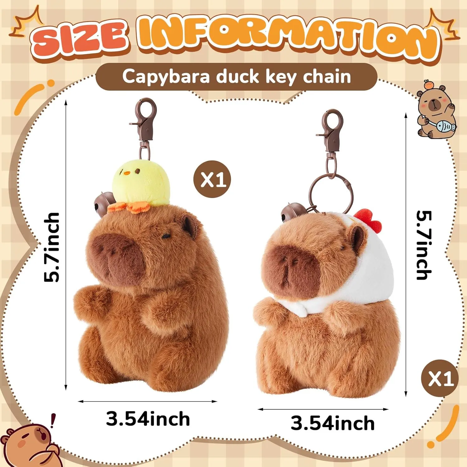 2 Pcs Capybara Plush Keychain Capybara Stuffed Animals Toy Pendant for Graduation Gifts Exchange Birthday Party(White Hat, Duck)