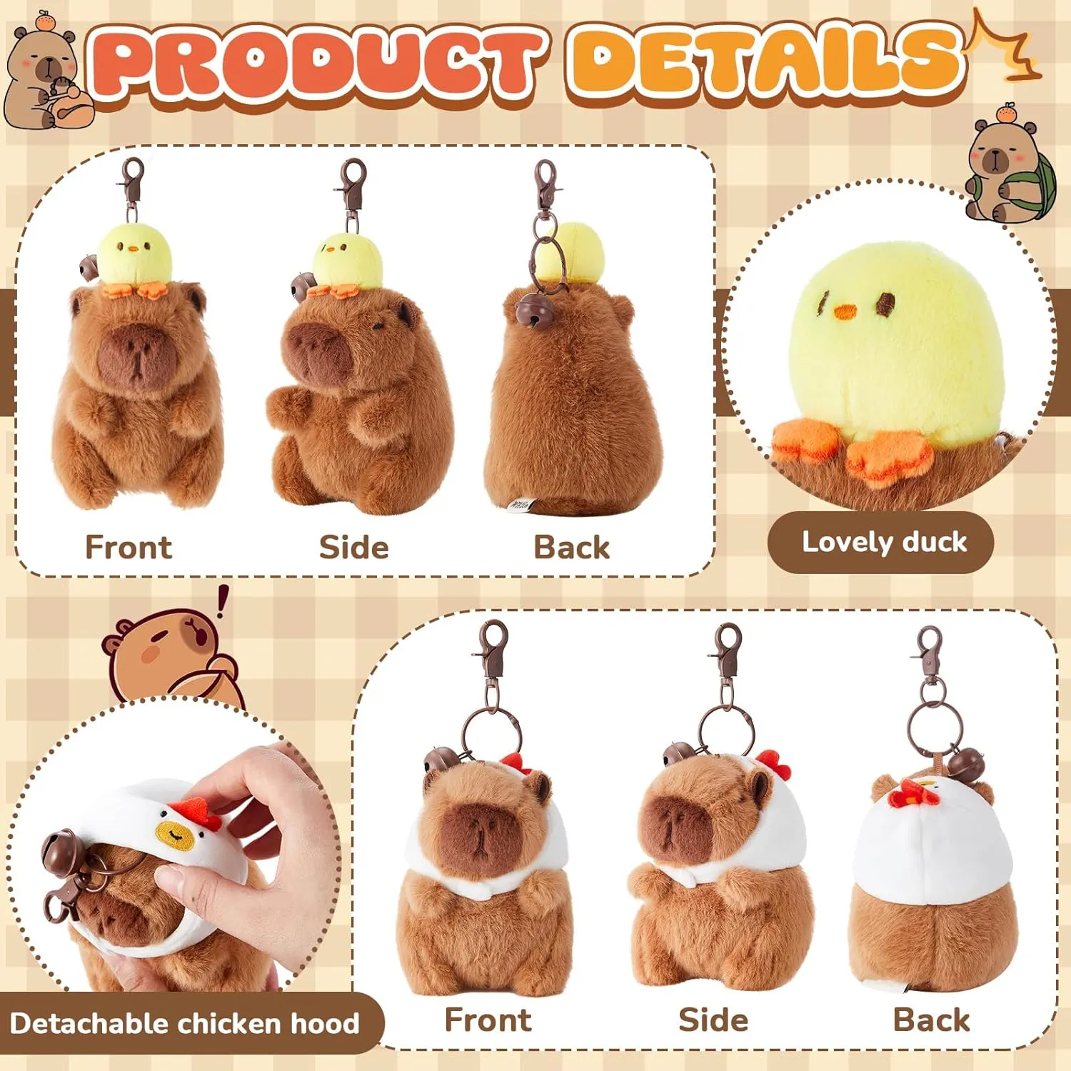 2 Pcs Capybara Plush Keychain Capybara Stuffed Animals Toy Pendant for Graduation Gifts Exchange Birthday Party(White Hat, Duck)