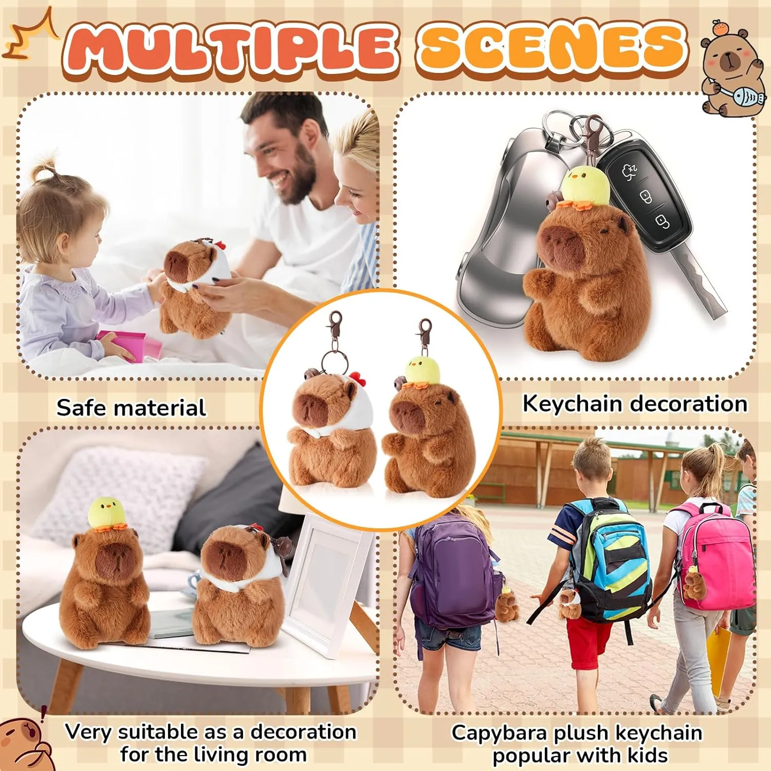 2 Pcs Capybara Plush Keychain Capybara Stuffed Animals Toy Pendant for Graduation Gifts Exchange Birthday Party(White Hat, Duck)