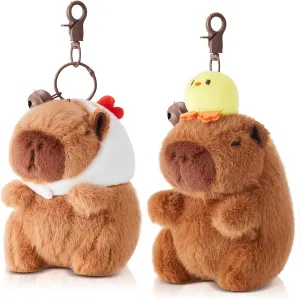 2 Pcs Capybara Plush Keychain Capybara Stuffed Animals Toy Pendant for Graduation Gifts Exchange Birthday Party(White Hat, Duck)