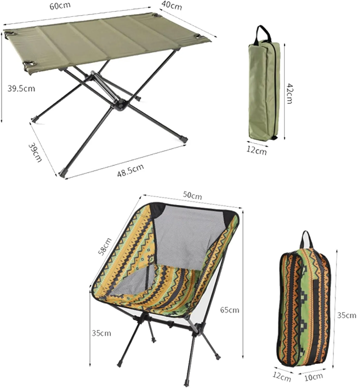 2 Pcs Folding Picnic Tables with Chairs, Outdoor Camping Table Small Compact Foldable Chair for Hiking Party Friends Gathering RV Travelling, Black-Black-5PCS, Army Green