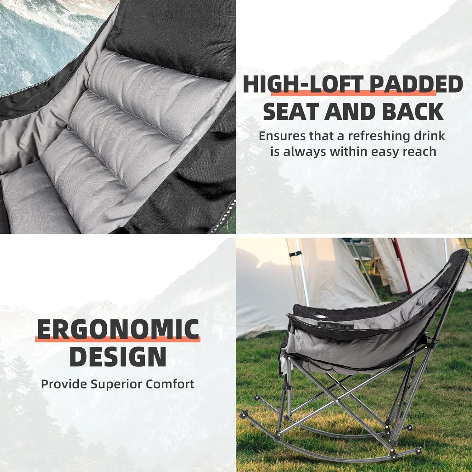2 PCS Oversized Rocking Camping Chair for Adults - 400lbs Capacity Padded Camp Chair, Portable Foldable Outdoor Rocker Chair for Camping, Backyard, Patio (Black & Gray)
