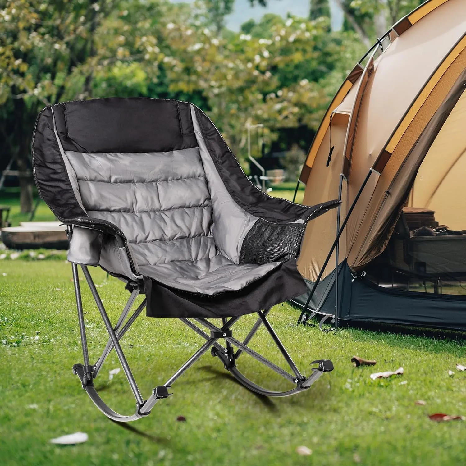 2 PCS Oversized Rocking Camping Chair for Adults - 400lbs Capacity Padded Camp Chair, Portable Foldable Outdoor Rocker Chair for Camping, Backyard, Patio (Black & Gray)