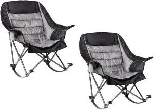 2 PCS Oversized Rocking Camping Chair for Adults - 400lbs Capacity Padded Camp Chair, Portable Foldable Outdoor Rocker Chair for Camping, Backyard, Patio (Black & Gray)