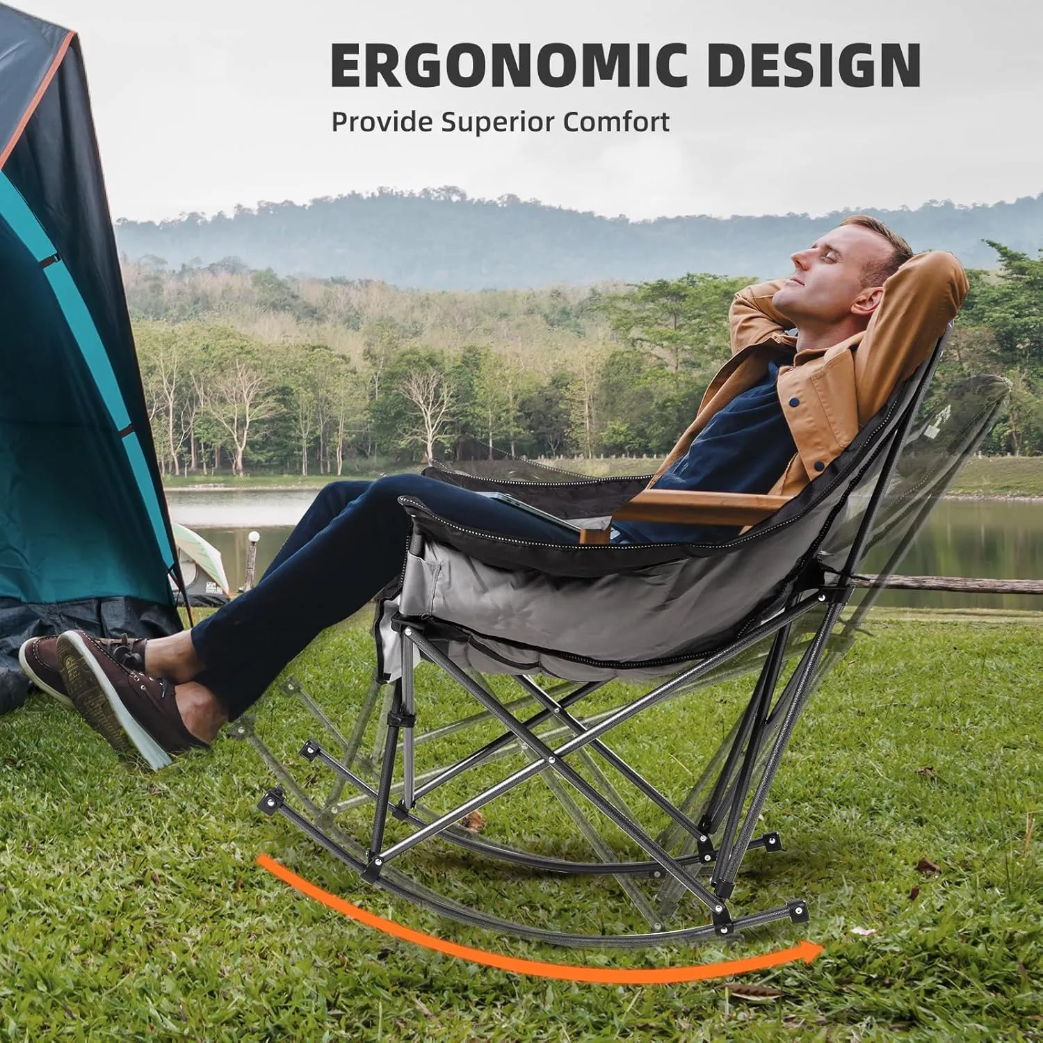 2 PCS Oversized Rocking Camping Chair for Adults - 400lbs Capacity Padded Camp Chair, Portable Foldable Outdoor Rocker Chair for Camping, Backyard, Patio (Black & Gray)