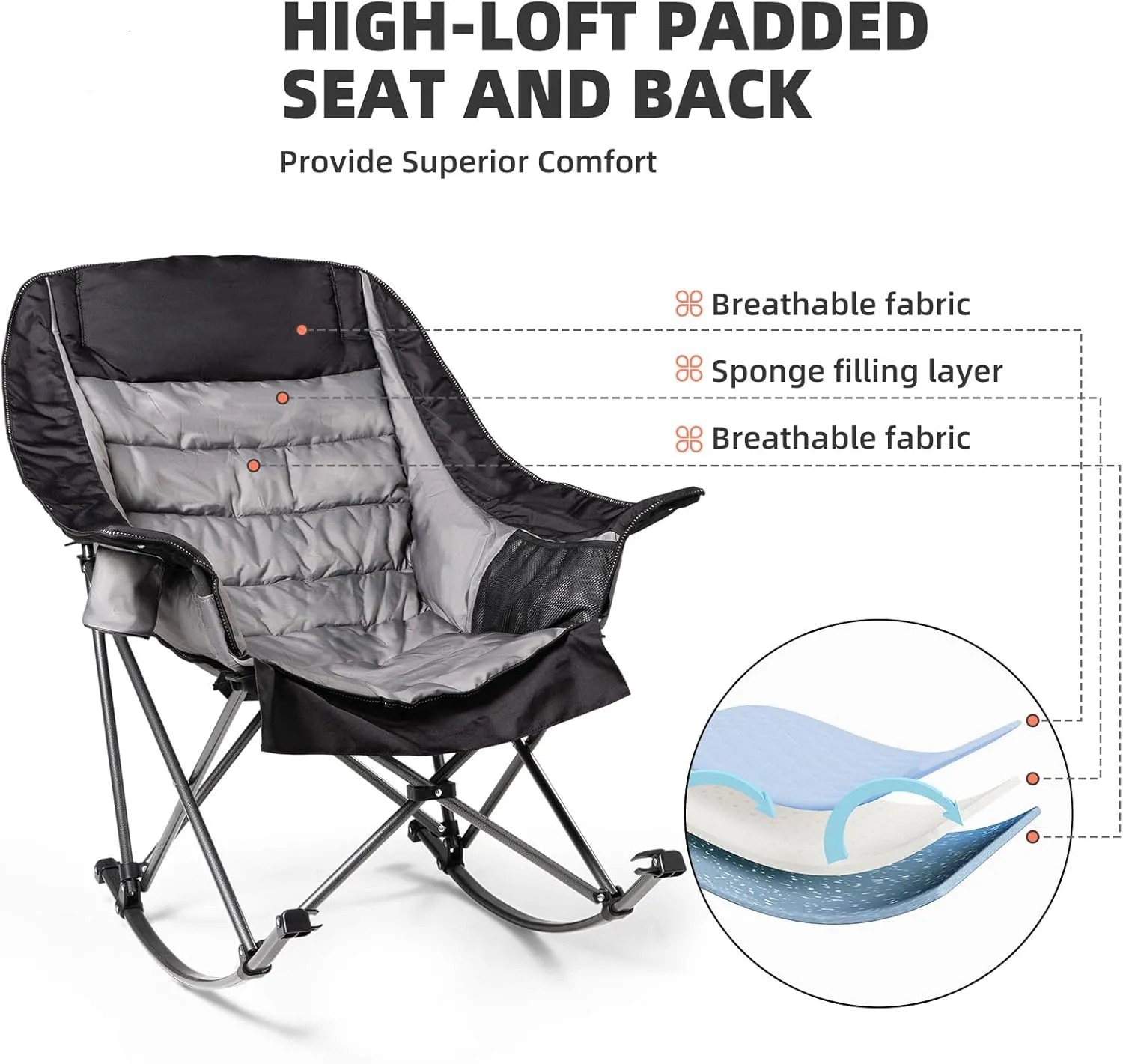 2 PCS Oversized Rocking Camping Chair for Adults - 400lbs Capacity Padded Camp Chair, Portable Foldable Outdoor Rocker Chair for Camping, Backyard, Patio (Black & Gray)