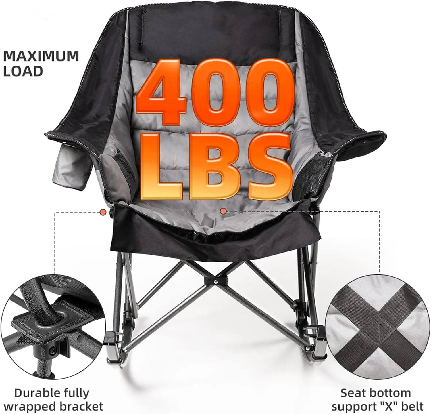 2 PCS Oversized Rocking Camping Chair for Adults - 400lbs Capacity Padded Camp Chair, Portable Foldable Outdoor Rocker Chair for Camping, Backyard, Patio (Black & Gray)