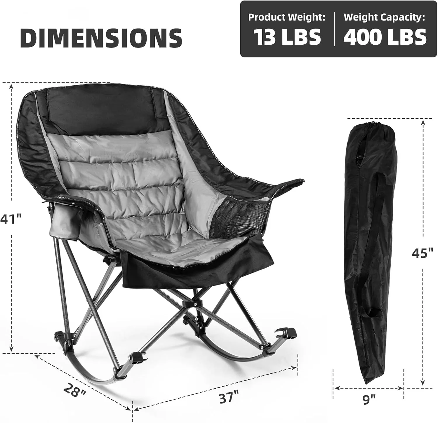 2 PCS Oversized Rocking Camping Chair for Adults - 400lbs Capacity Padded Camp Chair, Portable Foldable Outdoor Rocker Chair for Camping, Backyard, Patio (Black & Gray)