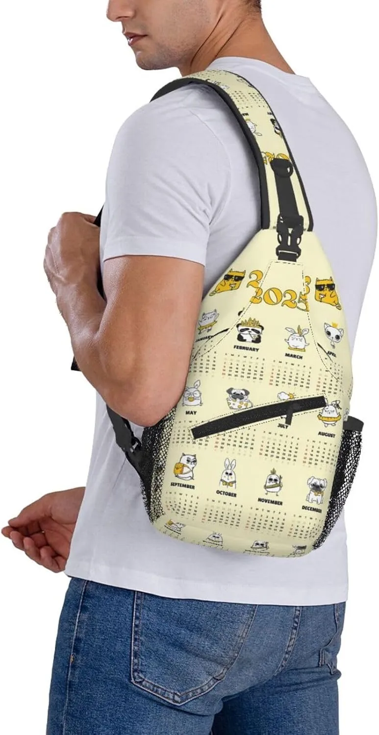 2025 Yearly Calendar Animals Crossbody Bag Cross Chest Bag Adjustable Sling Backpack Sports Gym Shoulder Bags Travel Cycling Daypack Diagonally Casual Rucksack
