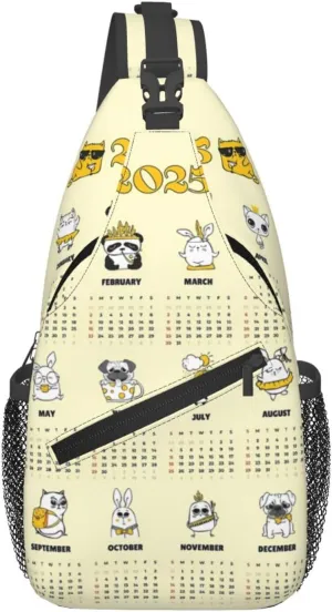 2025 Yearly Calendar Animals Crossbody Bag Cross Chest Bag Adjustable Sling Backpack Sports Gym Shoulder Bags Travel Cycling Daypack Diagonally Casual Rucksack