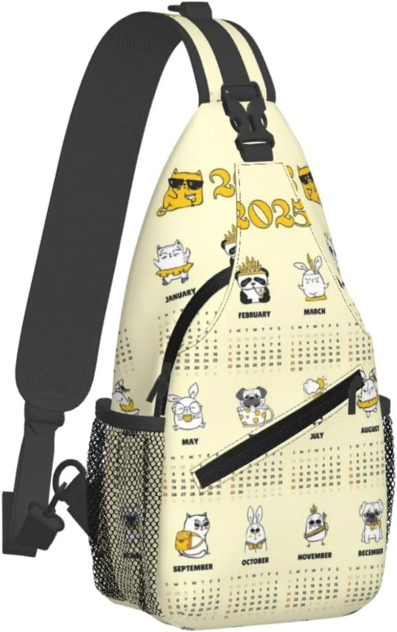 2025 Yearly Calendar Animals Crossbody Bag Cross Chest Bag Adjustable Sling Backpack Sports Gym Shoulder Bags Travel Cycling Daypack Diagonally Casual Rucksack