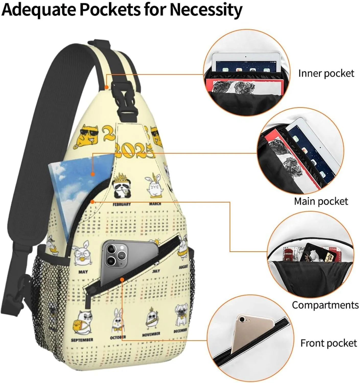 2025 Yearly Calendar Animals Crossbody Bag Cross Chest Bag Adjustable Sling Backpack Sports Gym Shoulder Bags Travel Cycling Daypack Diagonally Casual Rucksack