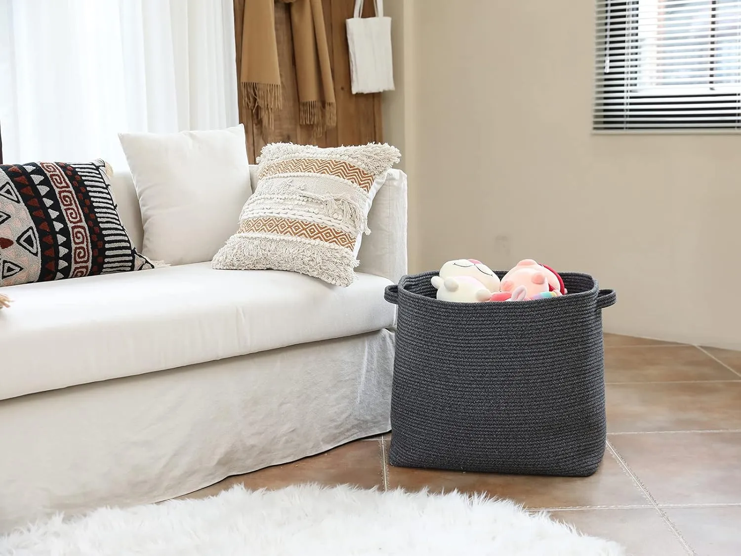 22"x14"x18" Mega Size Rectangular Extra Large Storage Basket, Rectangular Cotton Rope Storage Baskets, Woven Laundry Hamper, Cloth Storage Bin, for Clothes Blanket in Living Room, All Black Grey Mix