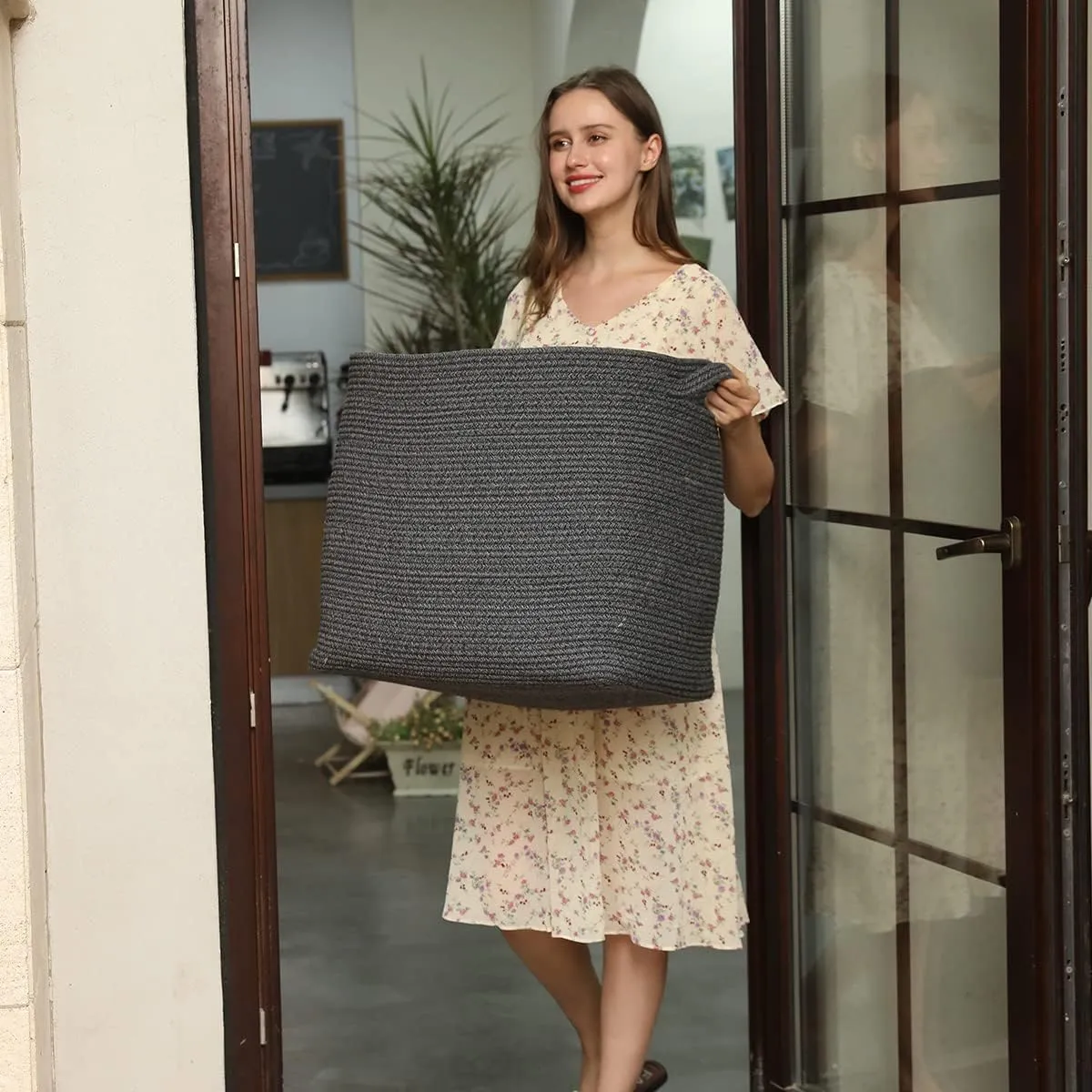 22"x14"x18" Mega Size Rectangular Extra Large Storage Basket, Rectangular Cotton Rope Storage Baskets, Woven Laundry Hamper, Cloth Storage Bin, for Clothes Blanket in Living Room, All Black Grey Mix