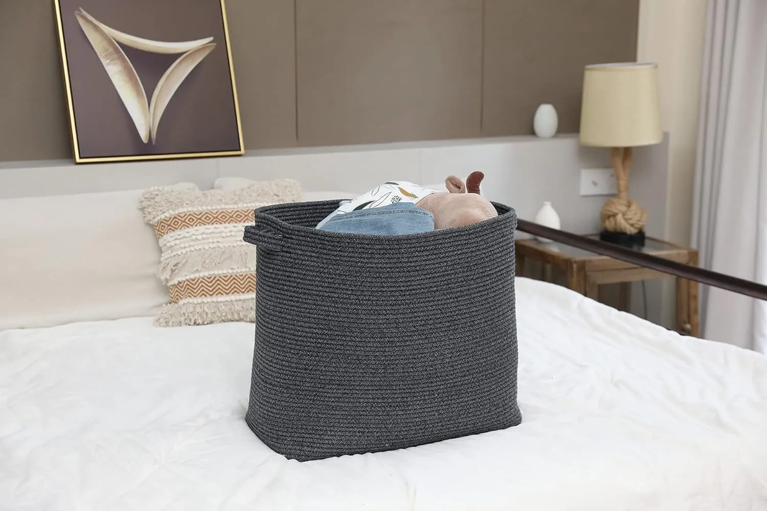 22"x14"x18" Mega Size Rectangular Extra Large Storage Basket, Rectangular Cotton Rope Storage Baskets, Woven Laundry Hamper, Cloth Storage Bin, for Clothes Blanket in Living Room, All Black Grey Mix