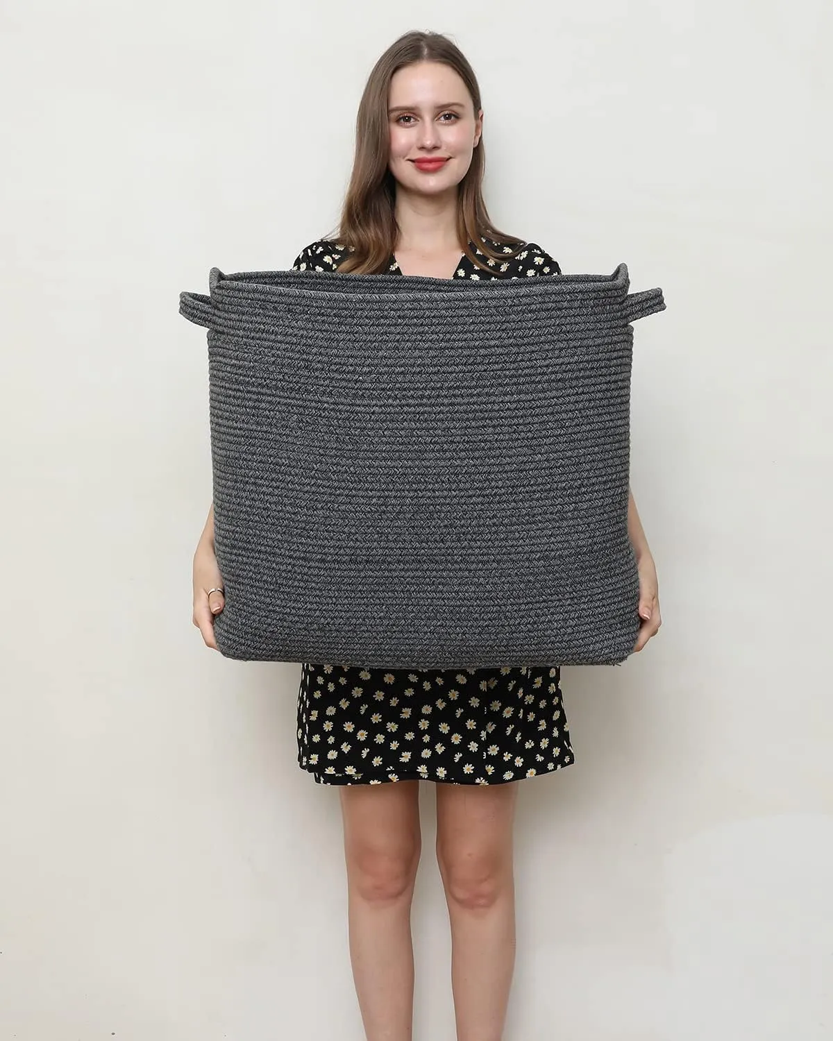 22"x14"x18" Mega Size Rectangular Extra Large Storage Basket, Rectangular Cotton Rope Storage Baskets, Woven Laundry Hamper, Cloth Storage Bin, for Clothes Blanket in Living Room, All Black Grey Mix