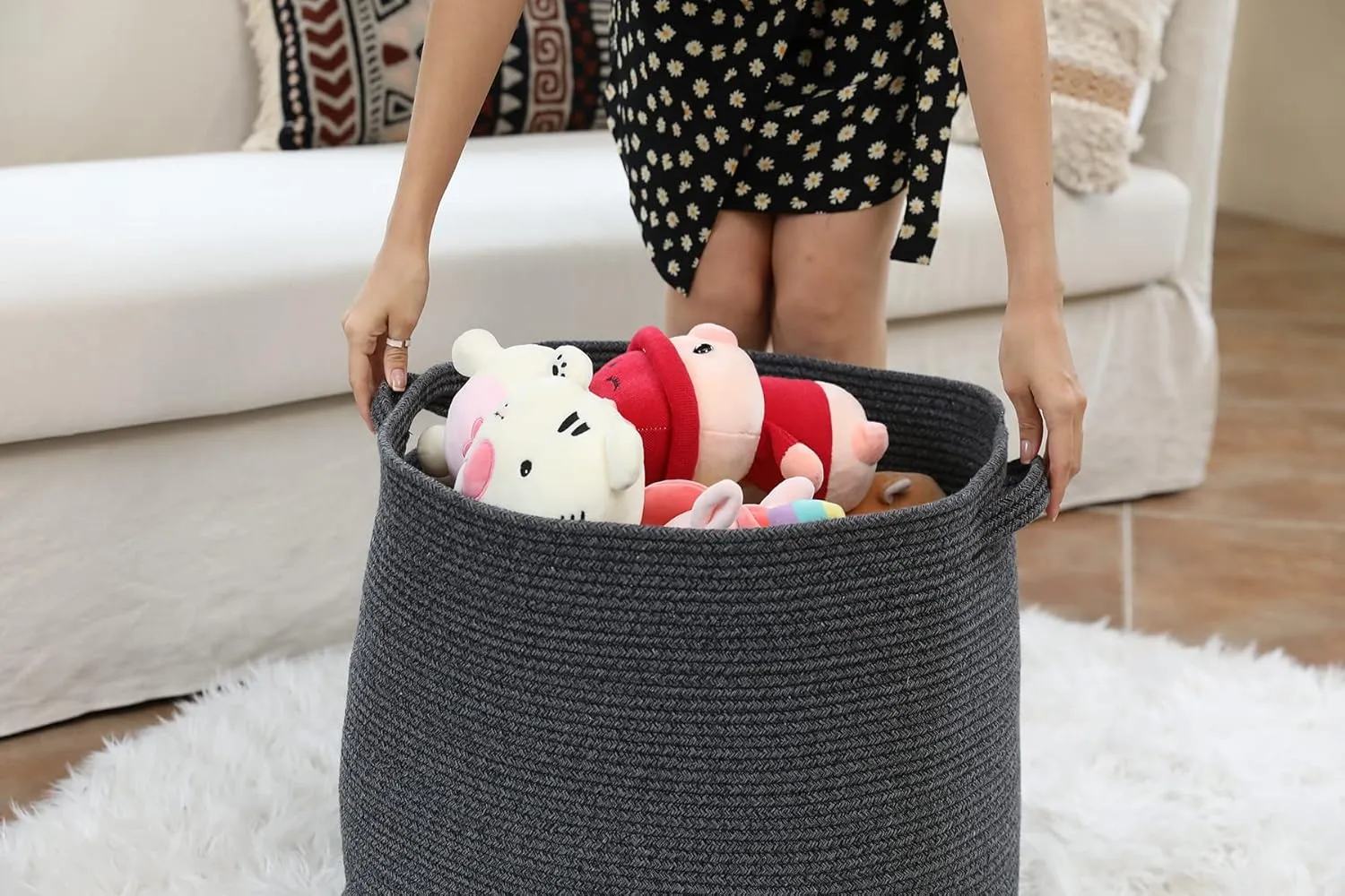 22"x14"x18" Mega Size Rectangular Extra Large Storage Basket, Rectangular Cotton Rope Storage Baskets, Woven Laundry Hamper, Cloth Storage Bin, for Clothes Blanket in Living Room, All Black Grey Mix