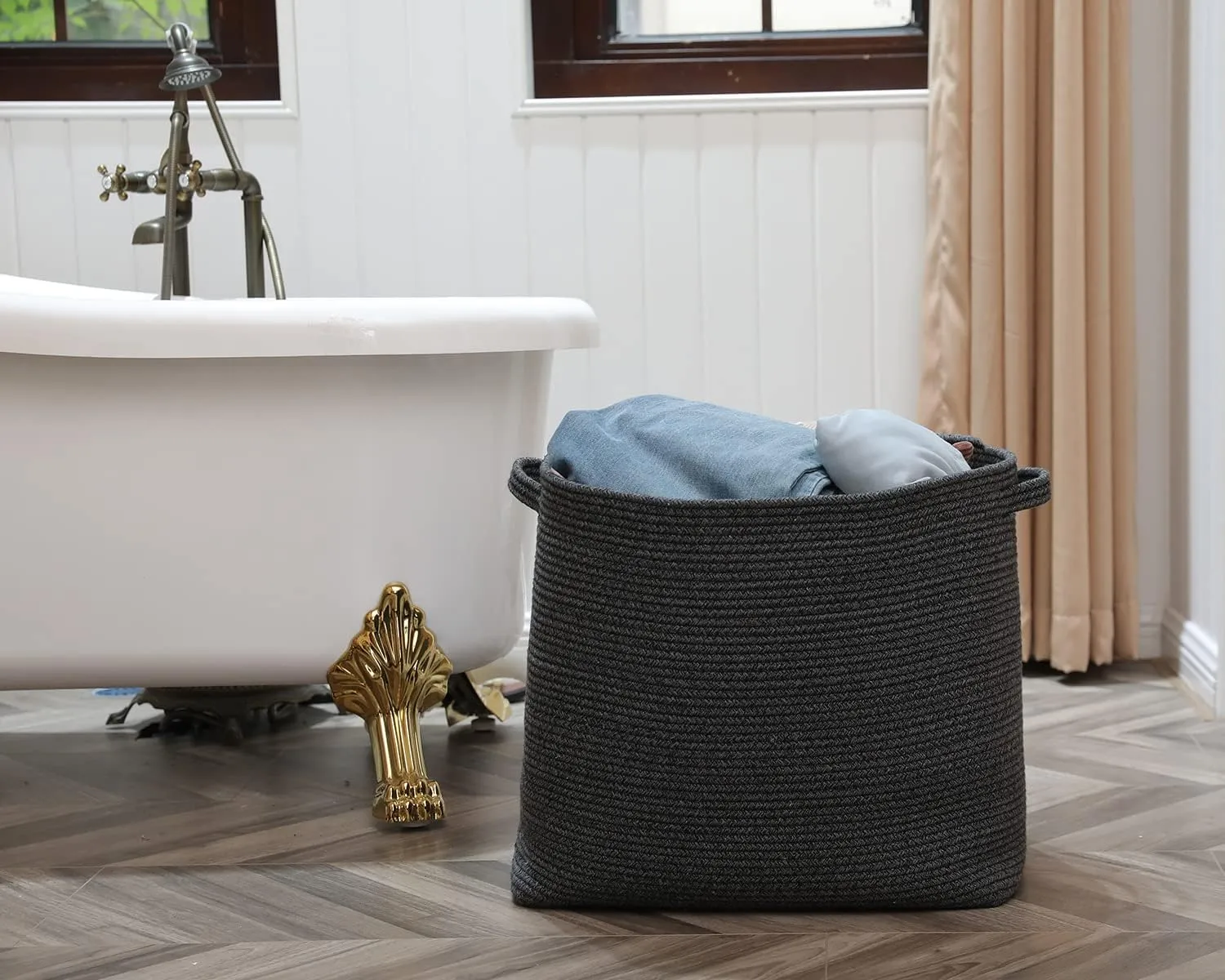 22"x14"x18" Mega Size Rectangular Extra Large Storage Basket, Rectangular Cotton Rope Storage Baskets, Woven Laundry Hamper, Cloth Storage Bin, for Clothes Blanket in Living Room, All Black Grey Mix