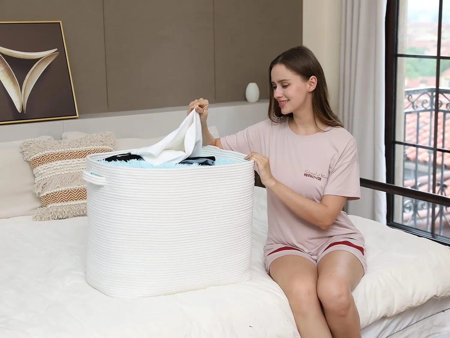 22"x14"x18" Mega Size Rectangular Extra Large Storage Basket, Rectangular Cotton Rope Storage Baskets, Woven Laundry Hamper, Cloth Storage Bin, for Clothes Blanket in Living Room, All White