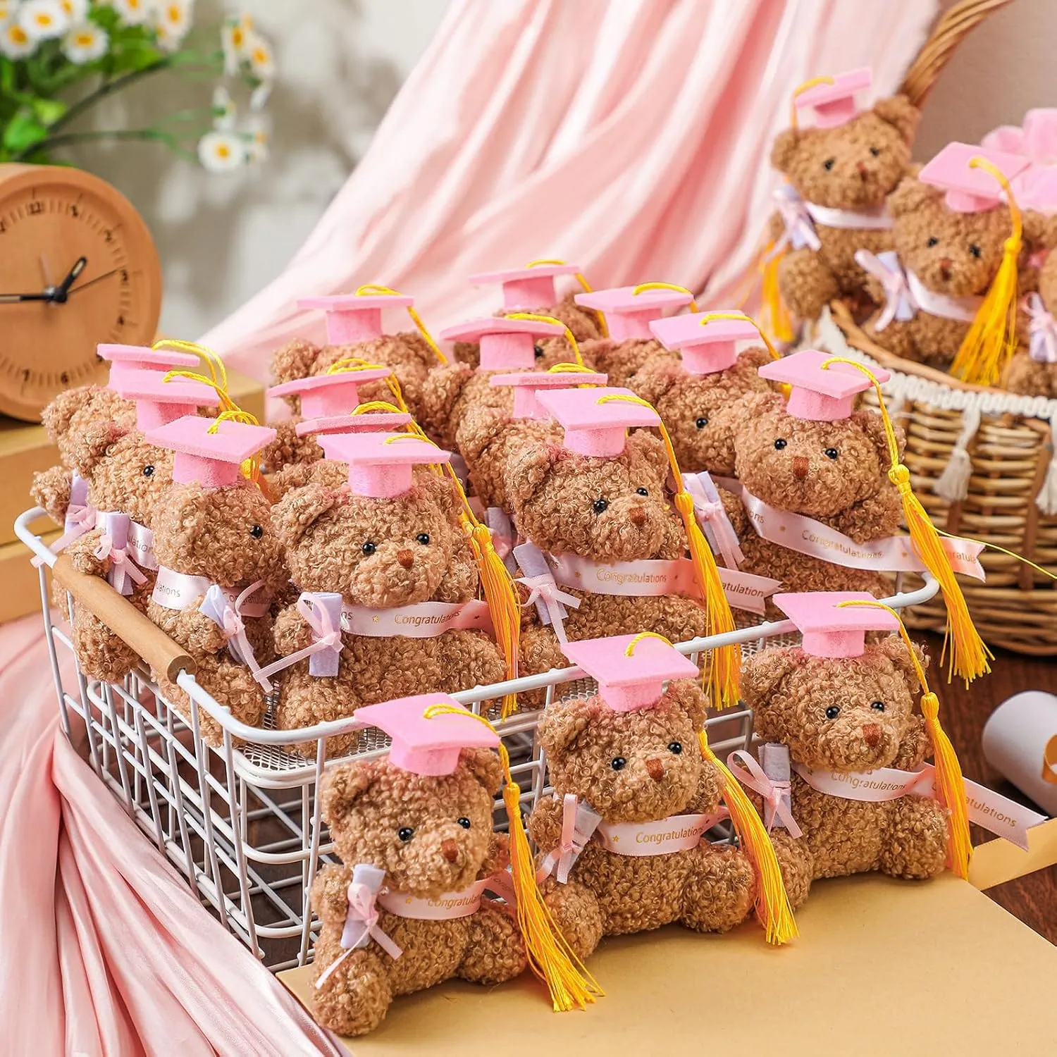 24 Pcs 2025 Mini Graduation Teddies Bears Bulk Small Graduation Stuffed Animals 4 ' Tiny Plush Bear with Diploma DIY Present Class of 2025 Prom Party Decor Congratulation Gifts(Pink)