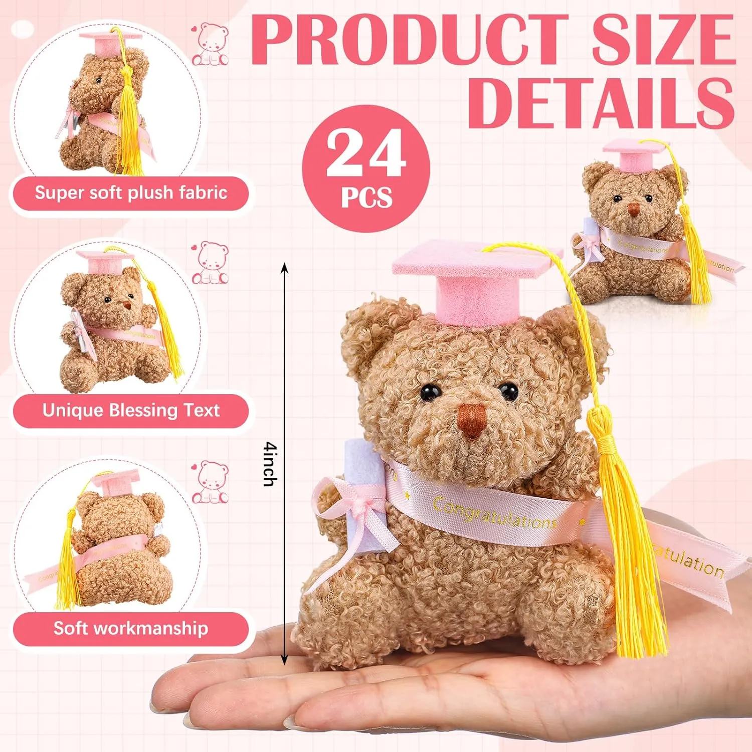24 Pcs 2025 Mini Graduation Teddies Bears Bulk Small Graduation Stuffed Animals 4 ' Tiny Plush Bear with Diploma DIY Present Class of 2025 Prom Party Decor Congratulation Gifts(Pink)