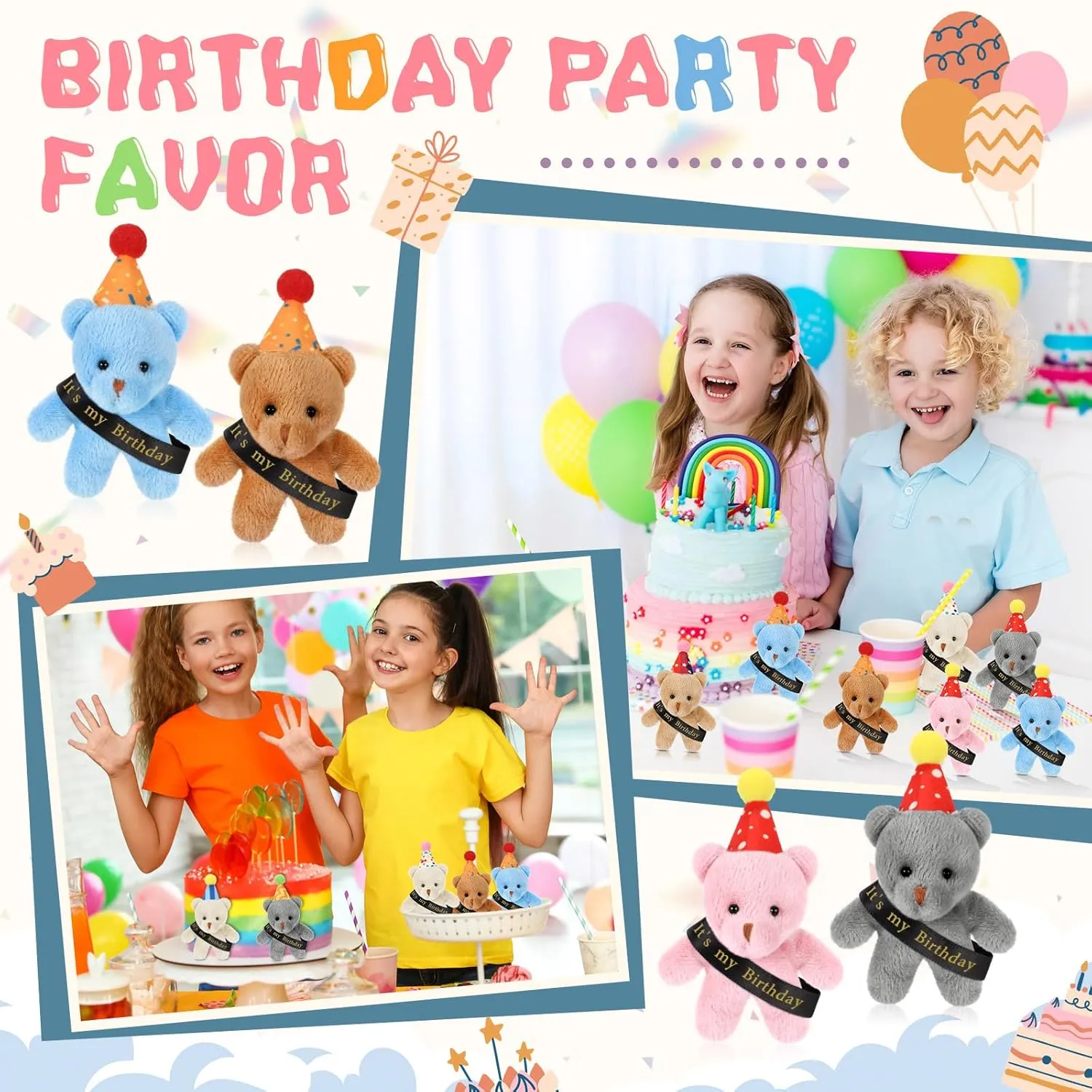 24 Pcs Birthday Mini Bears Bulk It's My Birthday Tiny Bear Plush Toy with Hat and Ribbon Small Stuffed Animal Doll Keychain for Party Favors Goodie Bag Filler Prizes Exchange Gifts