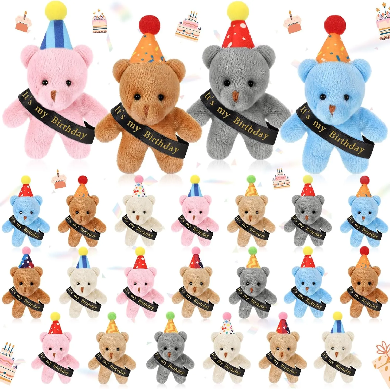 24 Pcs Birthday Mini Bears Bulk It's My Birthday Tiny Bear Plush Toy with Hat and Ribbon Small Stuffed Animal Doll Keychain for Party Favors Goodie Bag Filler Prizes Exchange Gifts