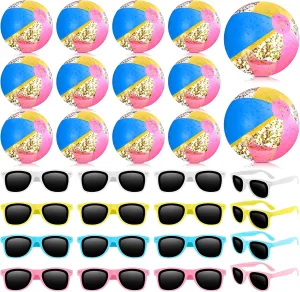 24 Pcs Summer Sunglasses Beach Balls Bulk Party Decorations Favors12 Pcs 16 Inch Inflatable Glitter Beach Balls 12 Pcs Sunglasses Colorful Pool Balls for Summer Classroom Gifts Pool Party Supplies