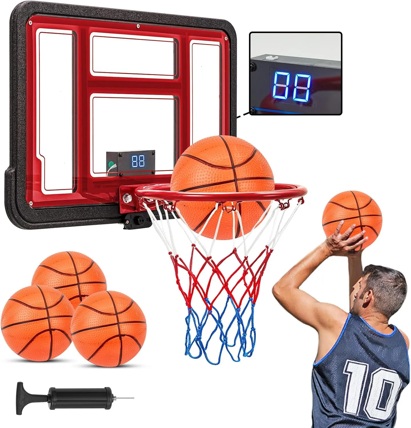 24" x 16" Large Basketball Hoop Indoor for Adults, Over The Door Basketball Hoop for Men, Teens, Boys, Girls, Sturdy Backboard with Score Counter, Includes Balls and Pump, Gift, Red