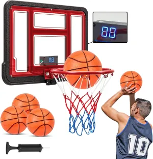 24" x 16" Large Basketball Hoop Indoor for Adults, Over The Door Basketball Hoop for Men, Teens, Boys, Girls, Sturdy Backboard with Score Counter, Includes Balls and Pump, Gift, Red