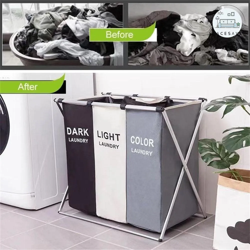 3 Grids Foldable Laundry Basket | Waterproof Large Bathroom Hamper