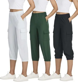 3 Pack:Women's Woven Cargo Capri Jogger Pants Tactical Hiking 5 Pockets Water Resistant Quick Dry Active Pockets Drawstring
