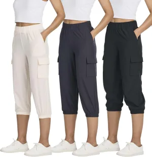 3 Pack:Women's Woven Cargo Capri Jogger Pants Tactical Hiking 5 Pockets Water Resistant Quick Dry Active Pockets Drawstring