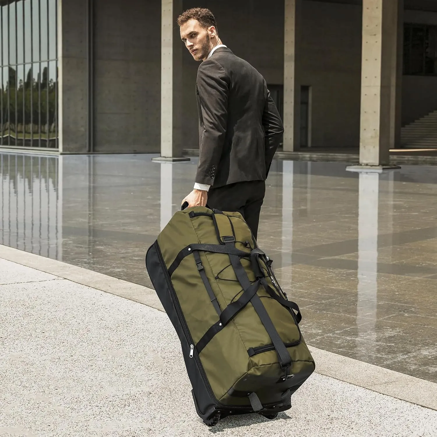 32" Soft-Sided Foldable Wheeled Duffle Bag, 110L Expandable 140L Rolling Travel Bag with Matching Storage Pouch, Updated Army Green